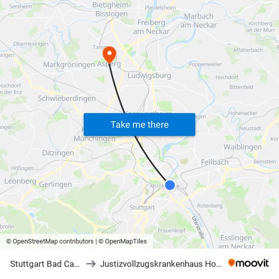 Stuttgart Bad Cannstatt to Justizvollzugskrankenhaus Hohenasperg map