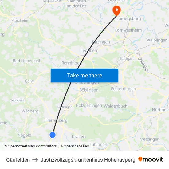 Gäufelden to Justizvollzugskrankenhaus Hohenasperg map