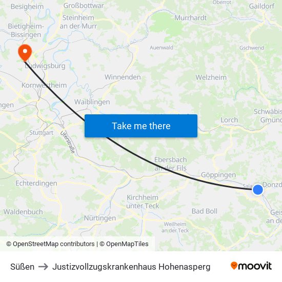 Süßen to Justizvollzugskrankenhaus Hohenasperg map