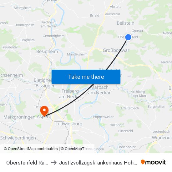 Oberstenfeld Rathaus to Justizvollzugskrankenhaus Hohenasperg map