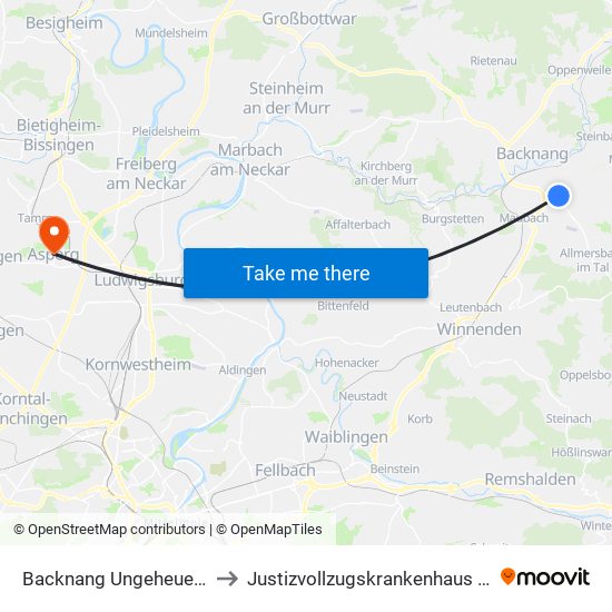Backnang Ungeheuerhof Abzw. to Justizvollzugskrankenhaus Hohenasperg map