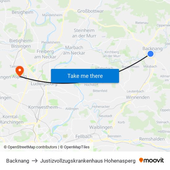 Backnang to Justizvollzugskrankenhaus Hohenasperg map