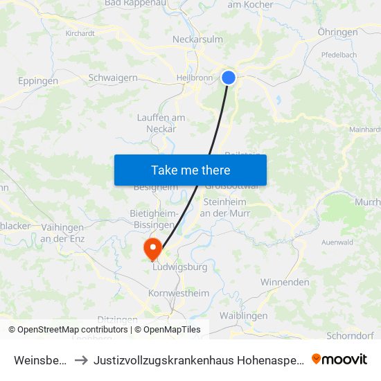 Weinsberg to Justizvollzugskrankenhaus Hohenasperg map