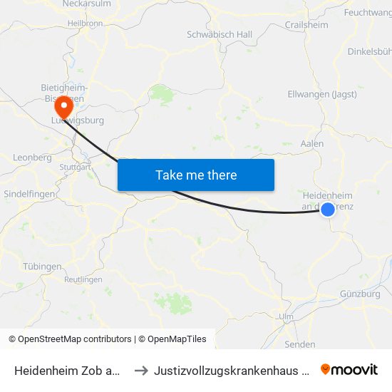 Heidenheim Zob am Bahnhof to Justizvollzugskrankenhaus Hohenasperg map