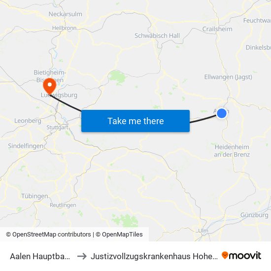 Aalen Hauptbahnhof to Justizvollzugskrankenhaus Hohenasperg map