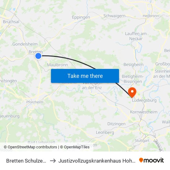 Bretten Schulzentrum to Justizvollzugskrankenhaus Hohenasperg map