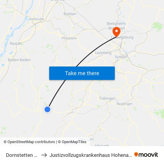 Dornstetten Zob to Justizvollzugskrankenhaus Hohenasperg map