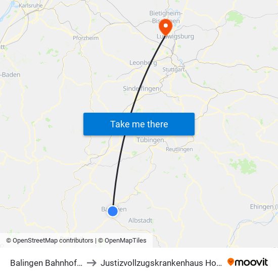 Balingen Bahnhof/Busbf to Justizvollzugskrankenhaus Hohenasperg map