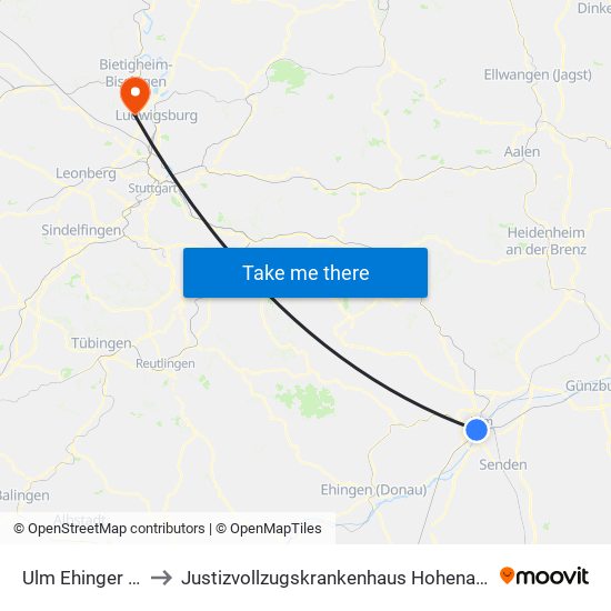 Ulm Ehinger Tor to Justizvollzugskrankenhaus Hohenasperg map