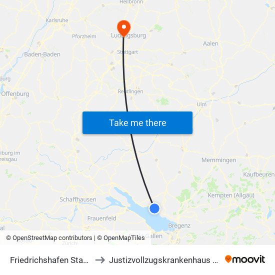 Friedrichshafen Stadtbahnhof to Justizvollzugskrankenhaus Hohenasperg map