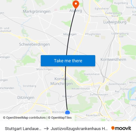 Stuttgart Landauer Straße to Justizvollzugskrankenhaus Hohenasperg map