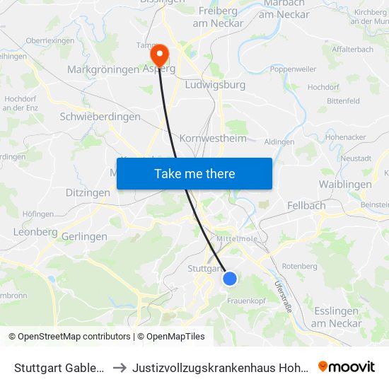 Stuttgart Gablenberg to Justizvollzugskrankenhaus Hohenasperg map