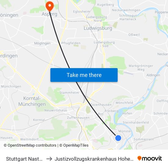 Stuttgart Nastplatz to Justizvollzugskrankenhaus Hohenasperg map