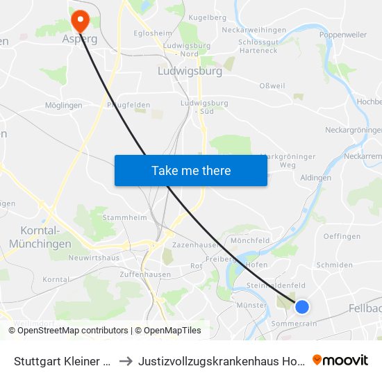 Stuttgart Kleiner Ostring to Justizvollzugskrankenhaus Hohenasperg map