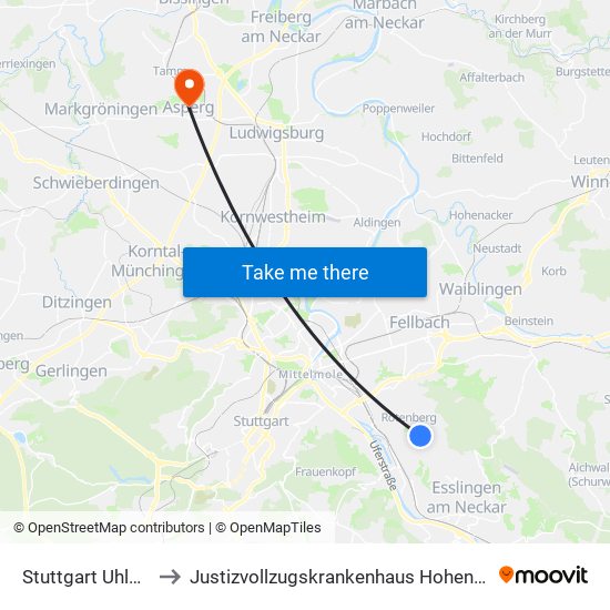 Stuttgart Uhlbach to Justizvollzugskrankenhaus Hohenasperg map