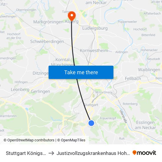 Stuttgart Königsträßle to Justizvollzugskrankenhaus Hohenasperg map