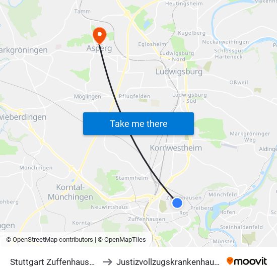 Stuttgart Zuffenhausen Reibedanz to Justizvollzugskrankenhaus Hohenasperg map
