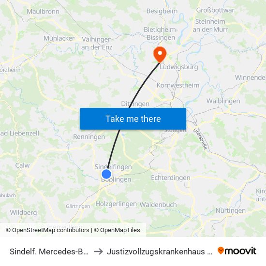 Sindelf. Mercedes-Benz Tor VII to Justizvollzugskrankenhaus Hohenasperg map