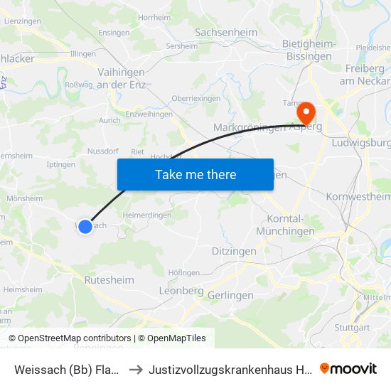 Weissach (Bb) Flachter Str. to Justizvollzugskrankenhaus Hohenasperg map