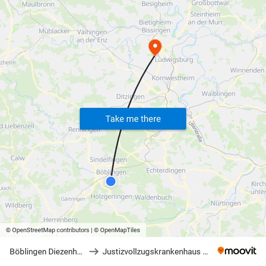 Böblingen Diezenhaldenweg to Justizvollzugskrankenhaus Hohenasperg map