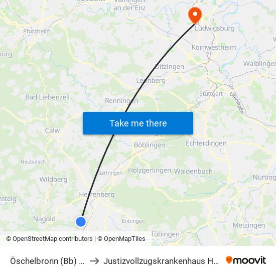 Öschelbronn (Bb) Rathaus to Justizvollzugskrankenhaus Hohenasperg map