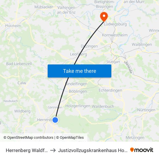 Herrenberg Waldfriedhof to Justizvollzugskrankenhaus Hohenasperg map