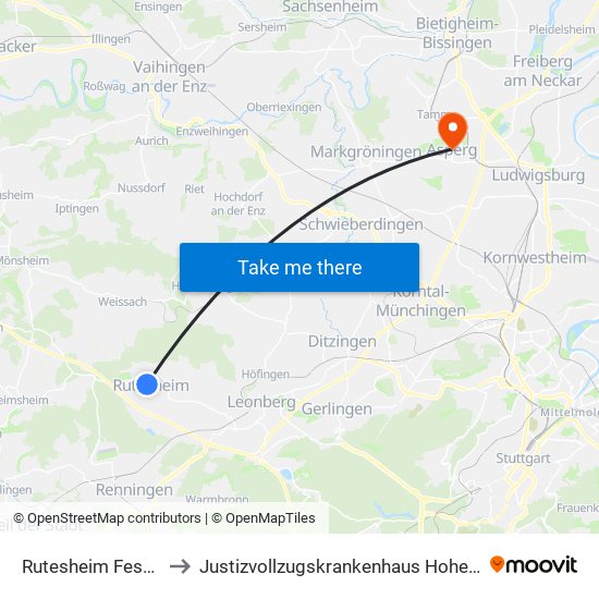 Rutesheim Festhalle to Justizvollzugskrankenhaus Hohenasperg map