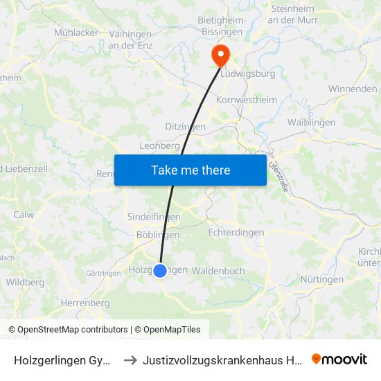 Holzgerlingen Gymnasium to Justizvollzugskrankenhaus Hohenasperg map