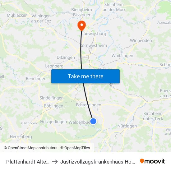 Plattenhardt Altenheim to Justizvollzugskrankenhaus Hohenasperg map