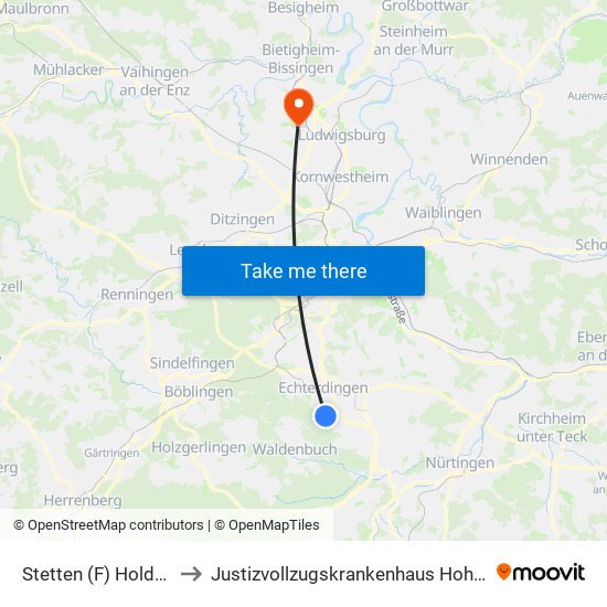 Stetten (F) Holderweg to Justizvollzugskrankenhaus Hohenasperg map