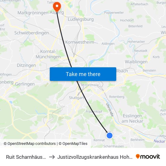 Ruit Scharnhäuser Str. to Justizvollzugskrankenhaus Hohenasperg map