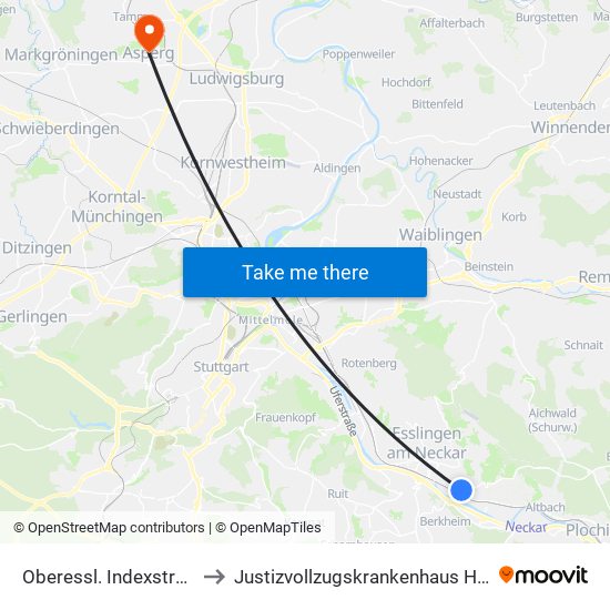 Oberessl. Indexstr/Bahnhof to Justizvollzugskrankenhaus Hohenasperg map