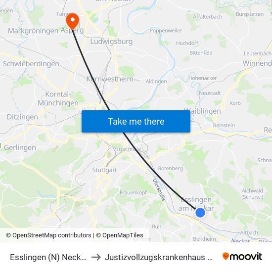 Esslingen (N) Neckar Forum to Justizvollzugskrankenhaus Hohenasperg map