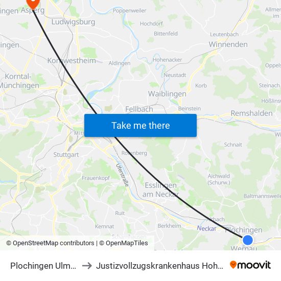 Plochingen Ulmer Str. to Justizvollzugskrankenhaus Hohenasperg map