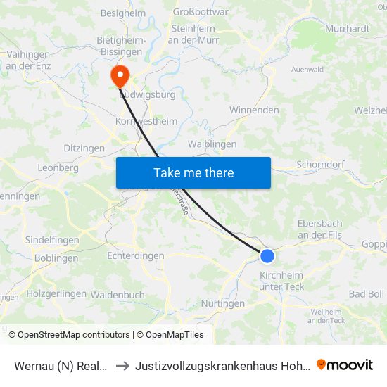 Wernau (N) Realschule to Justizvollzugskrankenhaus Hohenasperg map