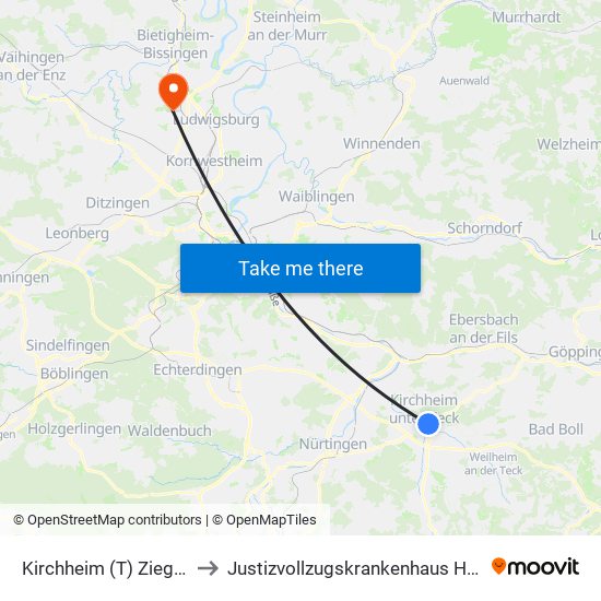 Kirchheim (T) Ziegelwasen to Justizvollzugskrankenhaus Hohenasperg map
