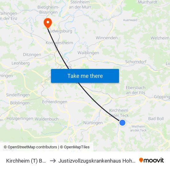 Kirchheim (T) Bohnau to Justizvollzugskrankenhaus Hohenasperg map