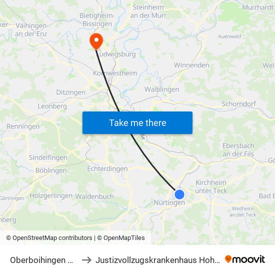 Oberboihingen Gleis 1 to Justizvollzugskrankenhaus Hohenasperg map