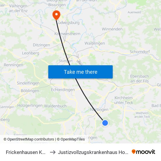 Frickenhausen Kelterstr. to Justizvollzugskrankenhaus Hohenasperg map