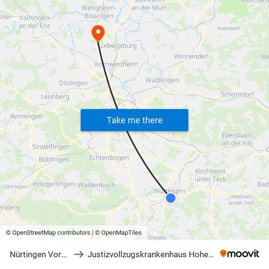 Nürtingen Vorstadt to Justizvollzugskrankenhaus Hohenasperg map
