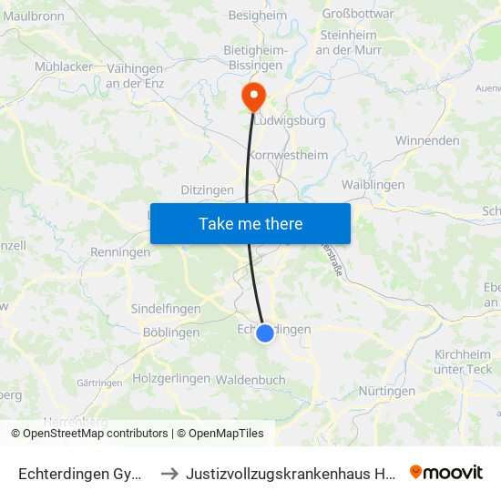 Echterdingen Gymnasium to Justizvollzugskrankenhaus Hohenasperg map