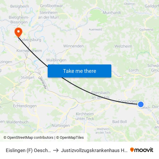 Eislingen (F) Oesch-Schulen to Justizvollzugskrankenhaus Hohenasperg map