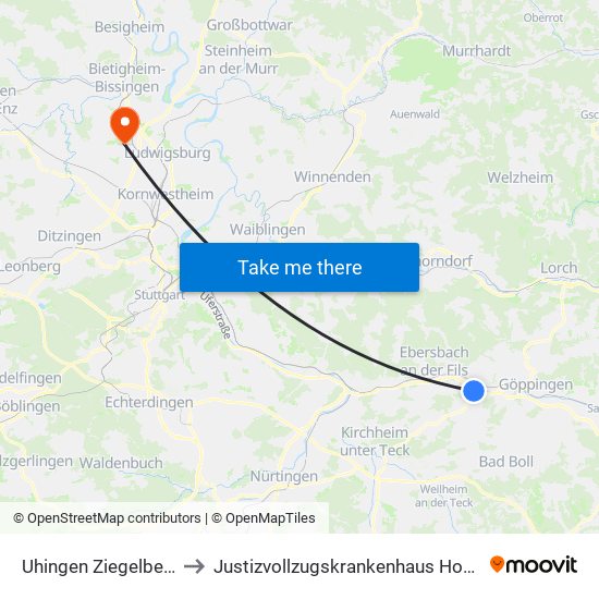 Uhingen Ziegelbergweg to Justizvollzugskrankenhaus Hohenasperg map