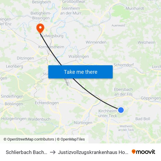 Schlierbach Bachbrücke to Justizvollzugskrankenhaus Hohenasperg map