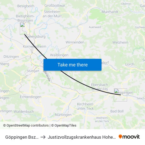 Göppingen Bsz Öde to Justizvollzugskrankenhaus Hohenasperg map