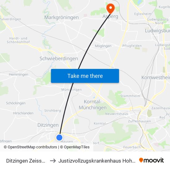 Ditzingen Zeissstraße to Justizvollzugskrankenhaus Hohenasperg map