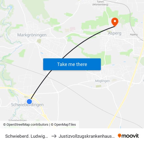 Schwieberd. Ludwigsburger Str. to Justizvollzugskrankenhaus Hohenasperg map