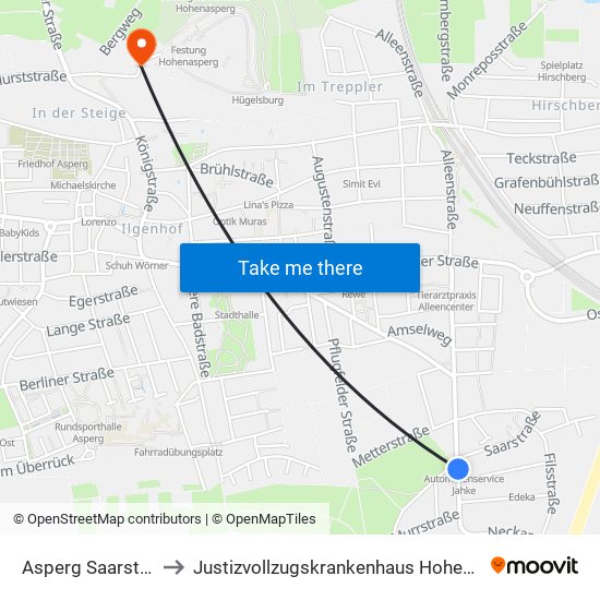 Asperg Saarstraße to Justizvollzugskrankenhaus Hohenasperg map