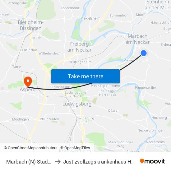 Marbach (N) Stadionhalle to Justizvollzugskrankenhaus Hohenasperg map
