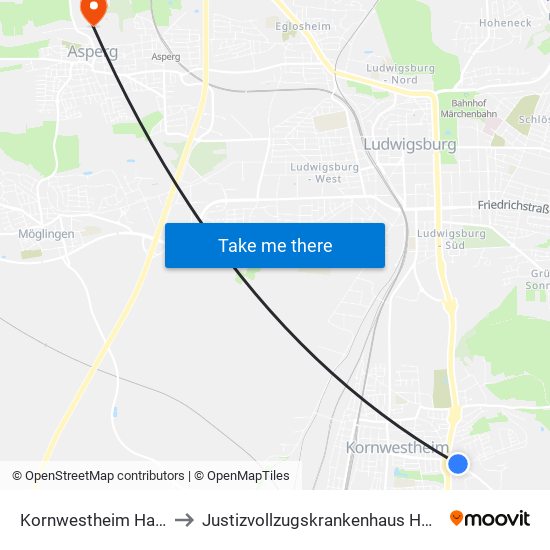 Kornwestheim Hallenbad to Justizvollzugskrankenhaus Hohenasperg map